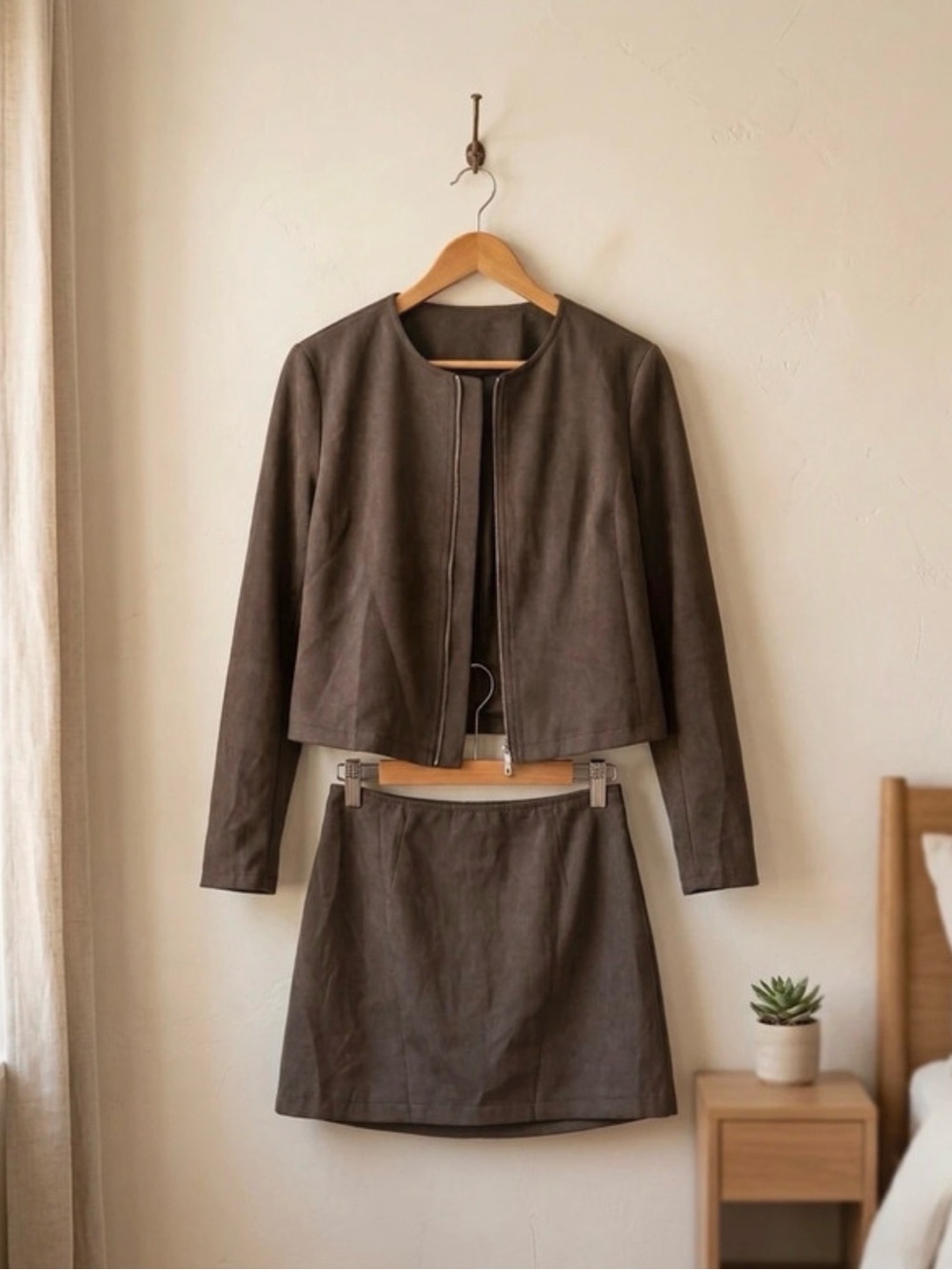 Brown Suede Two-Piece Mini Skirt Set